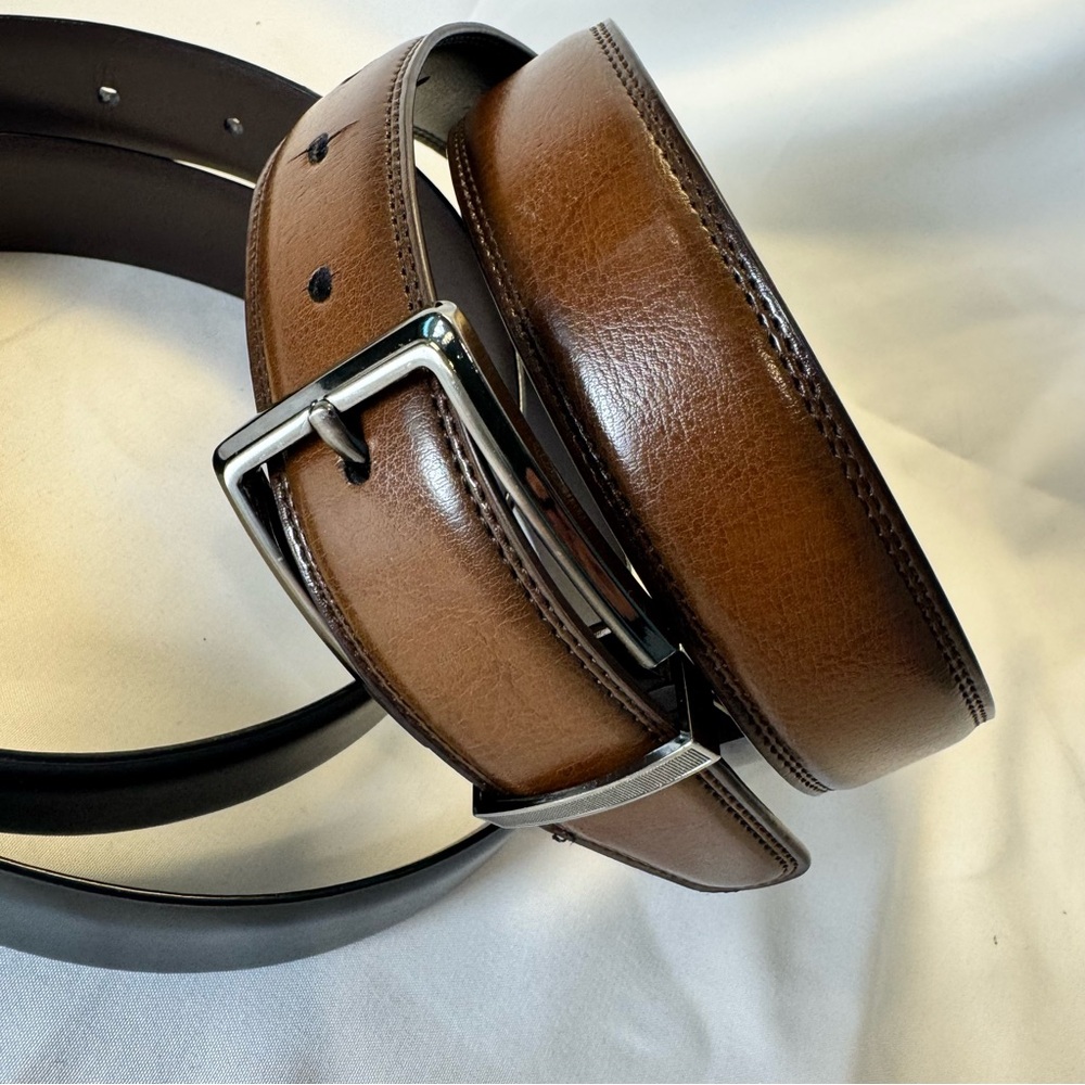 Two Perry Ellis Brown/Black Leather Reversible Belts - Black/Gunmetal 30/32 - Picture 3 of 13